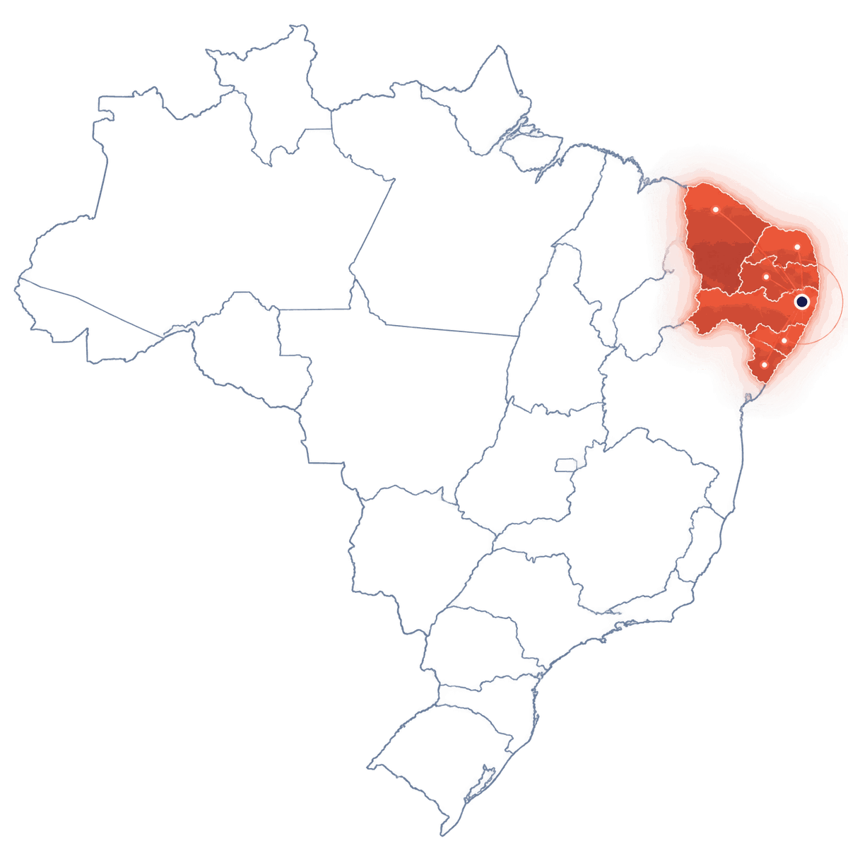 Mapa do Brasil com Pernambuco, Alagoas, Sergipe, Paraíba, Rio Grande do Norte e Ceará destacados como a área atendida pela Quimitêxtil, e o centro de distribuição marcado em Vitória de Santo Antão
